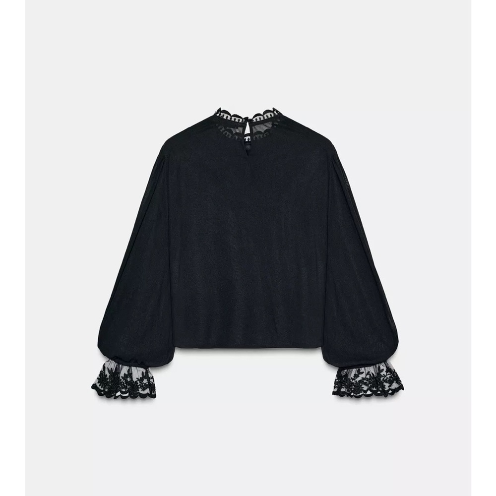Zara Black Beaded Blouse with Lace Cuffs